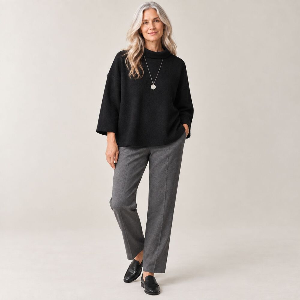 NWT Eileen Fisher Lightweight Boiled Wool Funnel Neck Top Black Size Medium